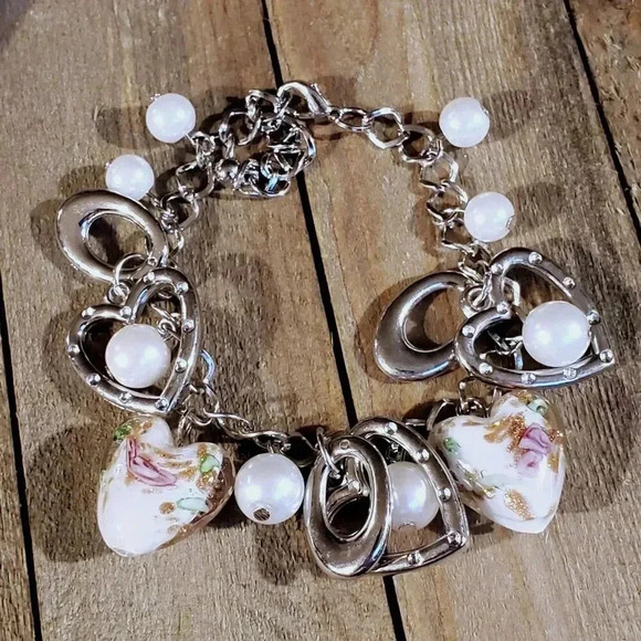 Vintage Murano Glass Beads White Silver Charm Bracelet Style G - Picture 2 of 5